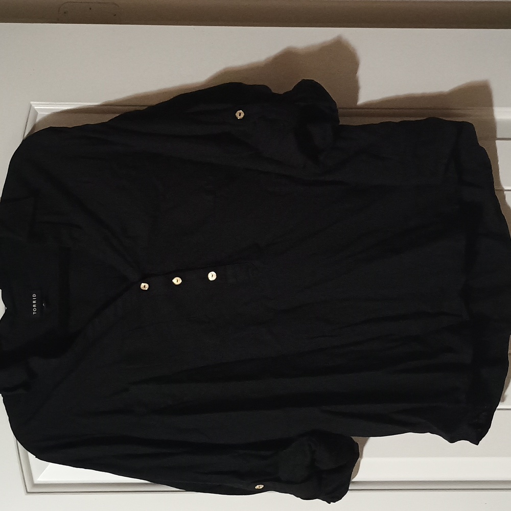 Torrid Black VNeck 3/4 Sleeve Linen Blouse sz 0